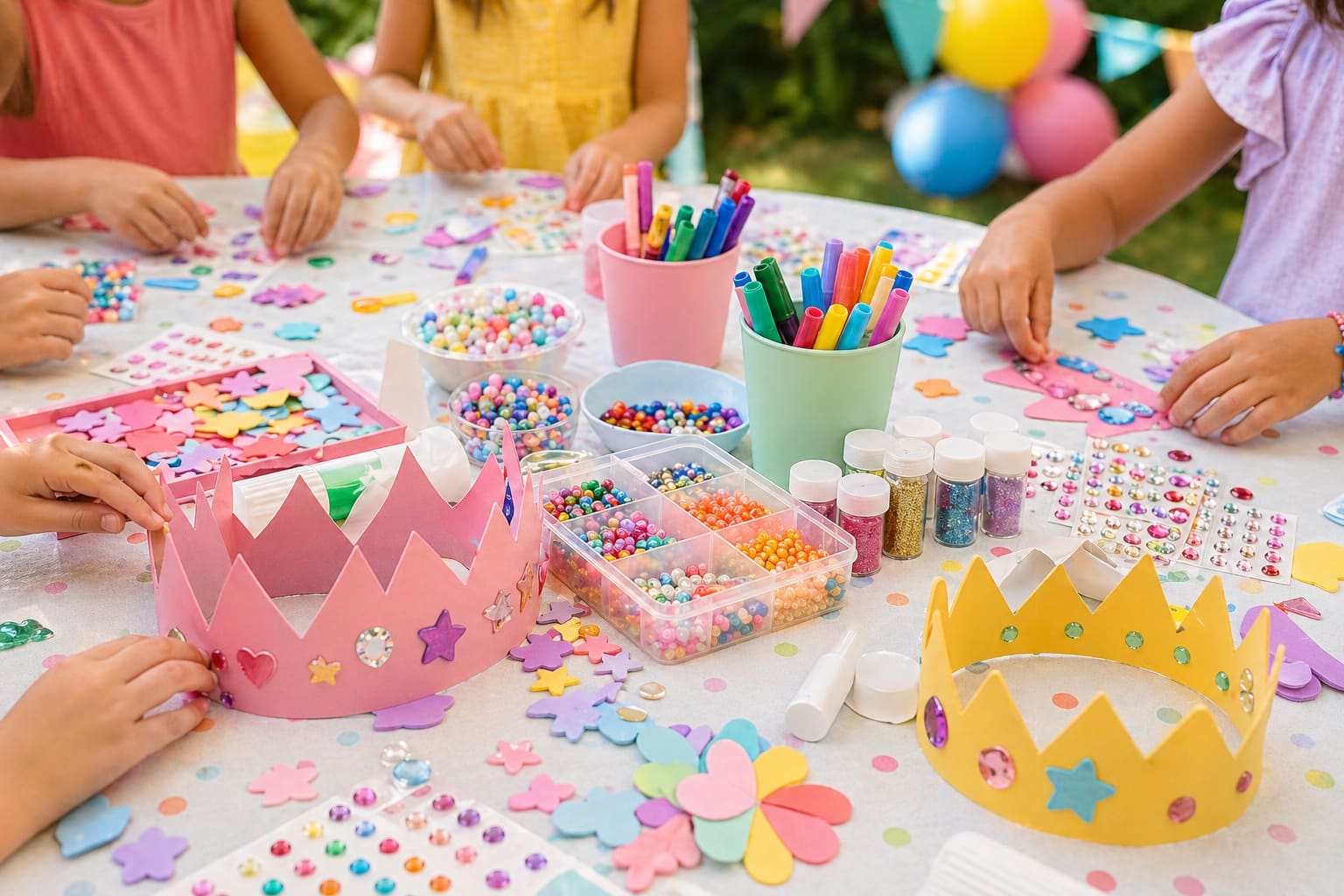 Kreativstation mit Bastelmaterial für Kinder bei einer Feier