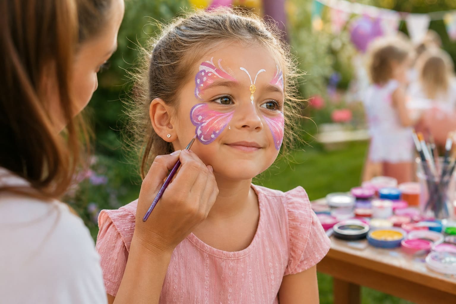 Kinderschminken mit bunten, hautfreundlichen Farben bei einer Kinderparty