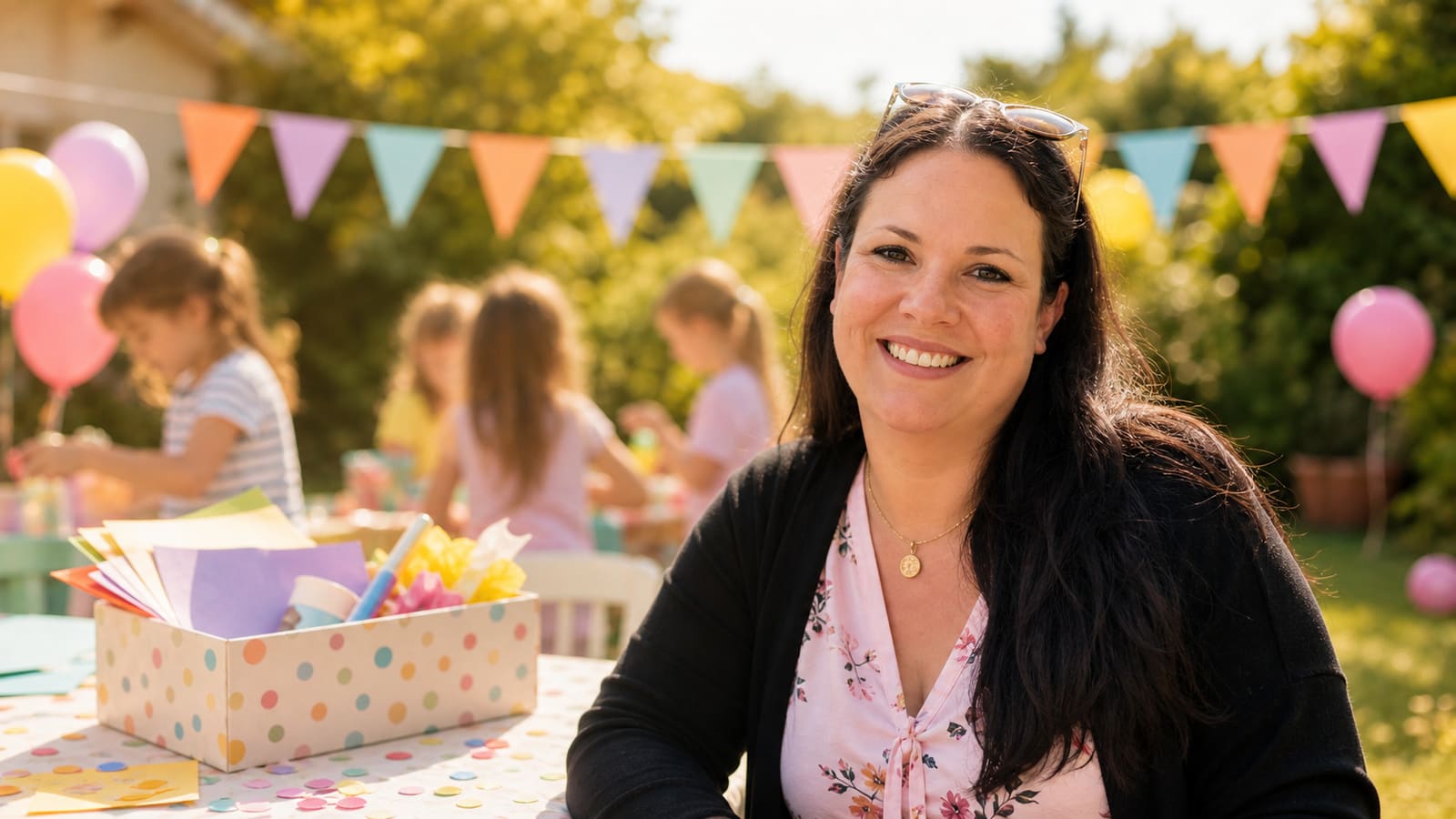 Sandra lächelt bei einer warmen Kinderparty im Garten