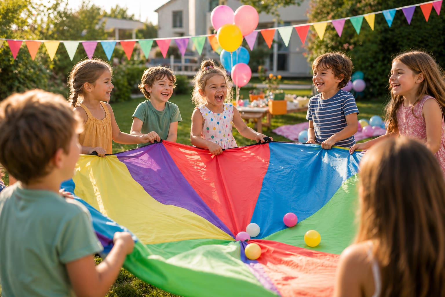 Kinder spielen ein Bewegungsspiel mit Schwungtuch im Garten