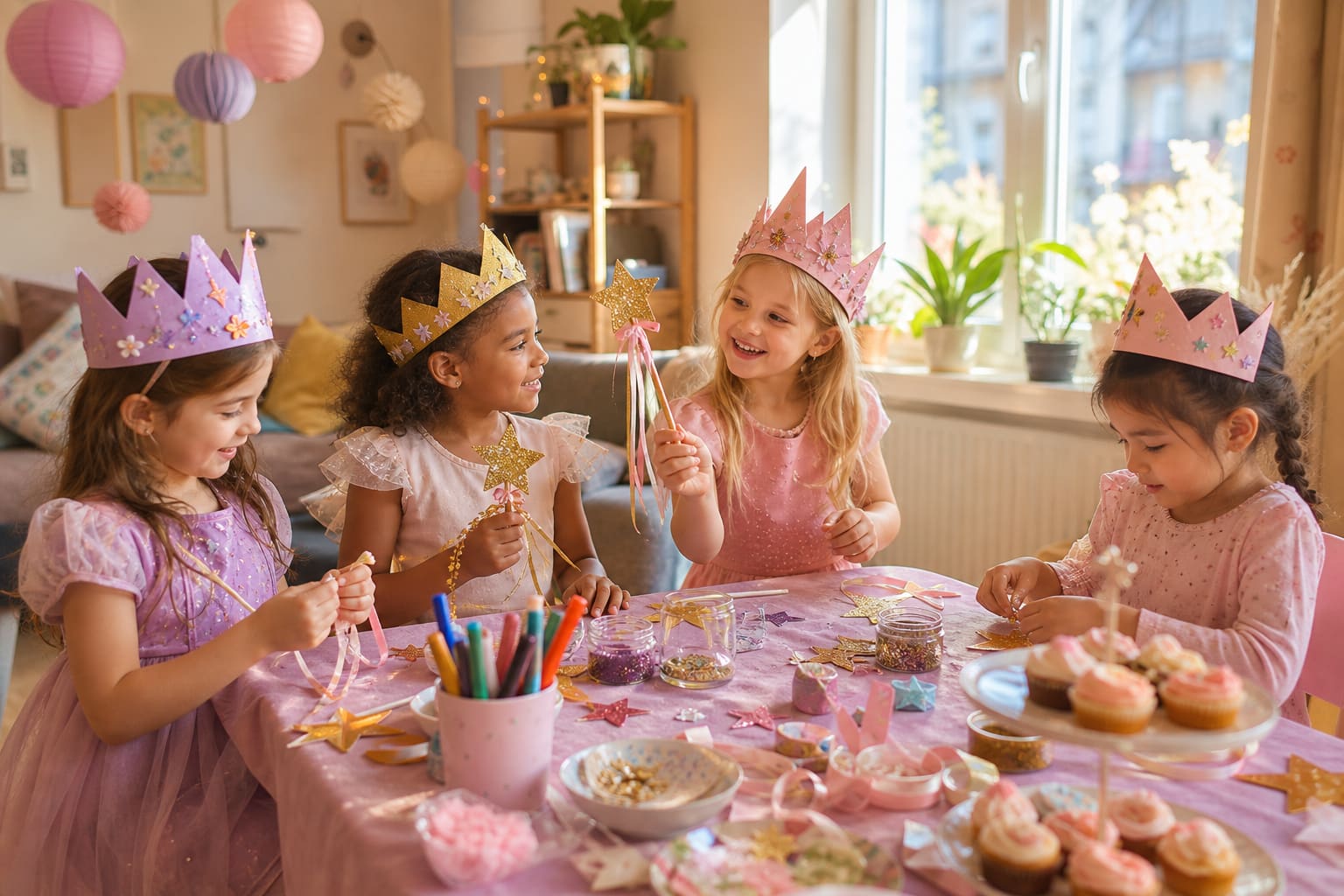 Märchen-Motto mit Kronen, Zauberstäben und Glitzermomenten